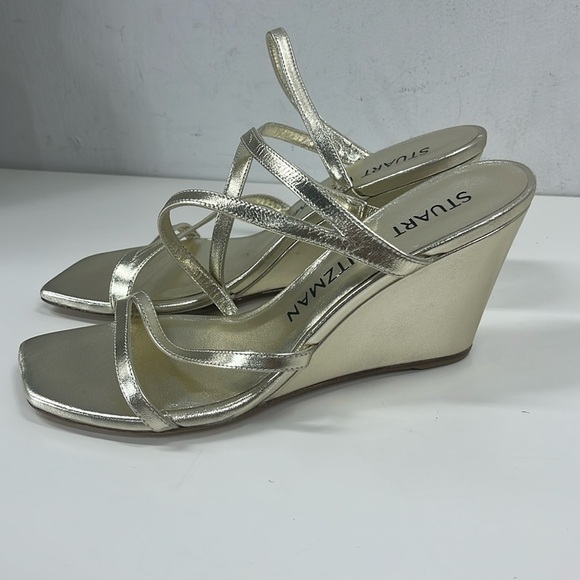 New Stuart Weitzman Strapeze 85 Wedge Sandal in Gold Size 8.5 - Picture 1 of 9